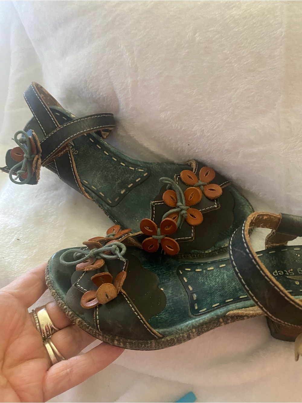 Spring Step L’ Artiste Green Blue Strappy Sandals with Floral Leather Decor
